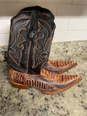 Los Altos Ostrich Black & Brown Exotic Leather Cowboy Boots pointed toe size 10